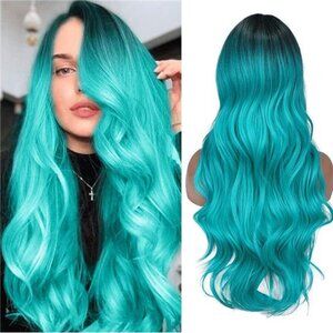Ombre Bluish Green Wig Long Wavy Side Part Wig Heat Resistant Synthetic Hair